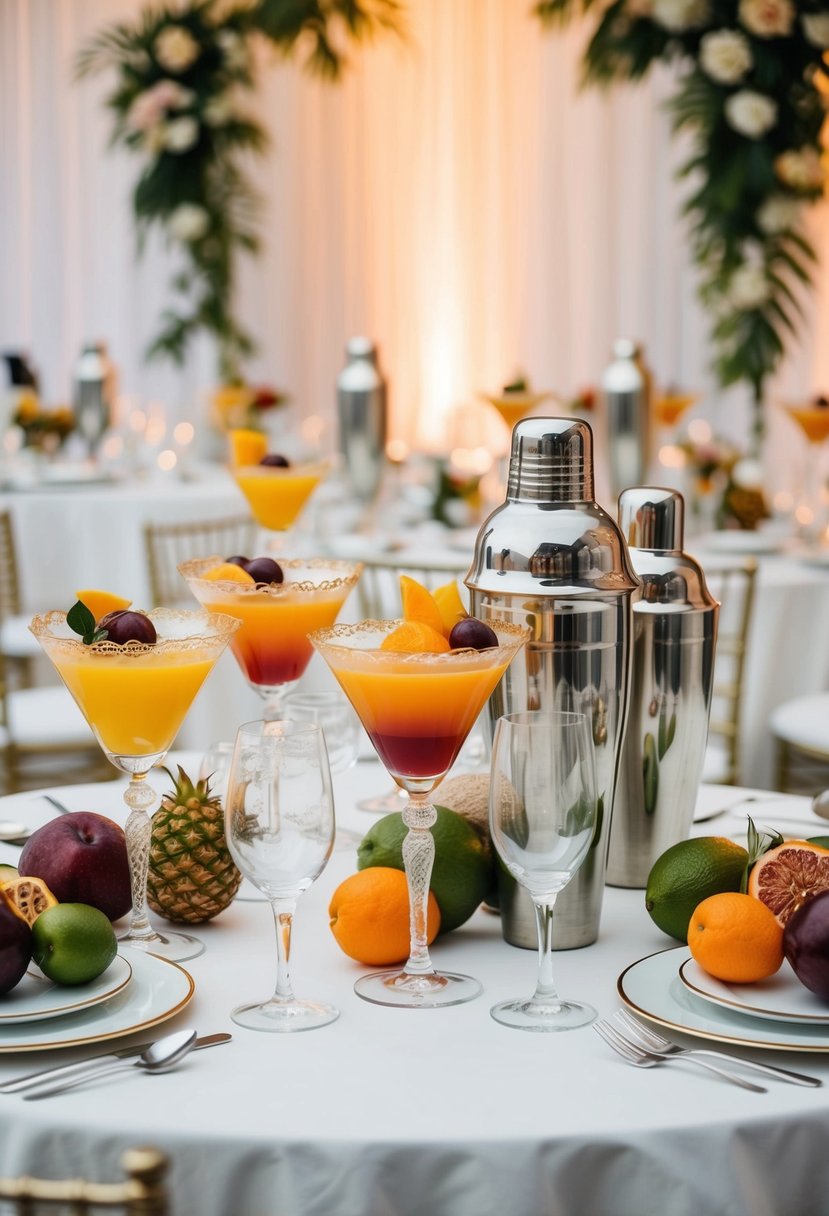 A table adorned with elaborate cocktail glasses, shakers, and exotic fruits, set against a backdrop of elegant wedding decor