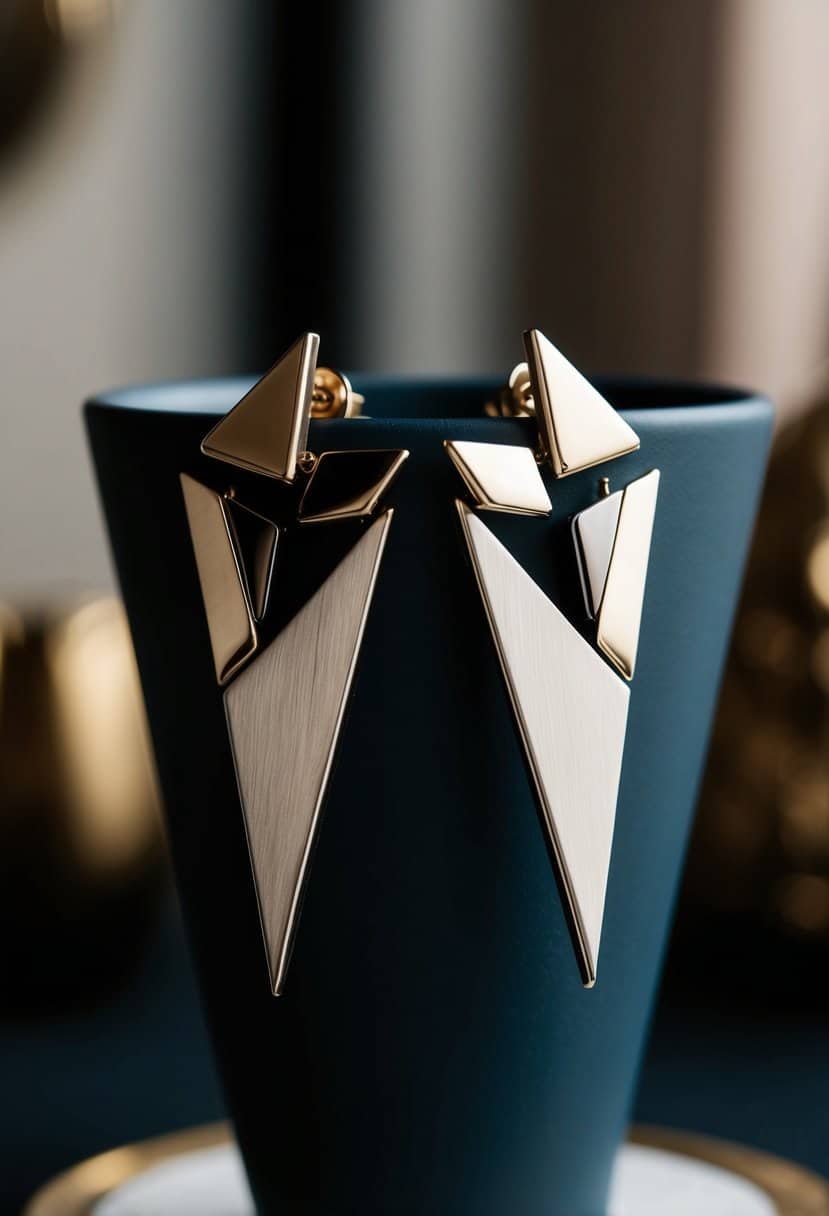 A sleek, geometric earring design with bold, angular shapes and metallic accents in a sophisticated 1960s setting