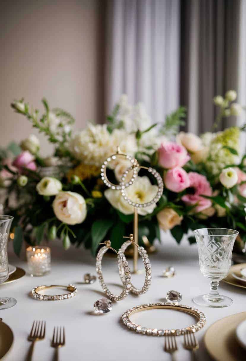 A table scattered with vintage Swarovski crystal hoops, surrounded by 60s wedding decor and floral arrangements