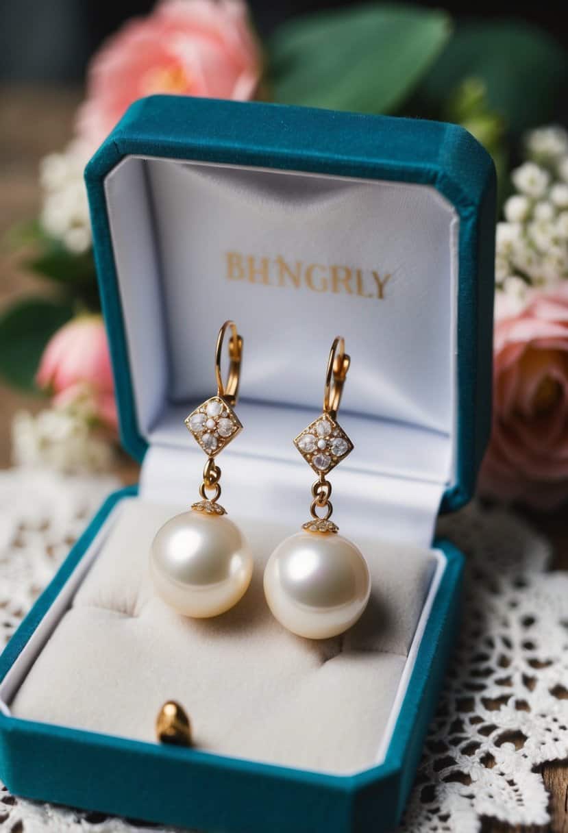 A delicate pair of vintage pearl drop earrings hangs from a velvet-lined jewelry box, surrounded by lace and floral accents