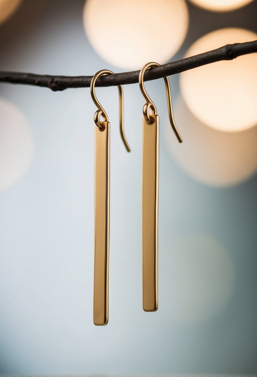 A pair of sleek, minimalist gold bars dangle from a 1960s-inspired wedding earring design