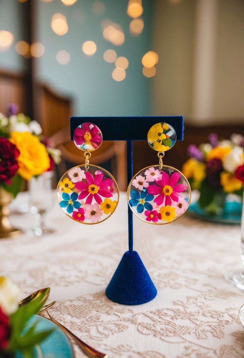 A pair of colorful floral resin earrings displayed on a vintage-inspired wedding table