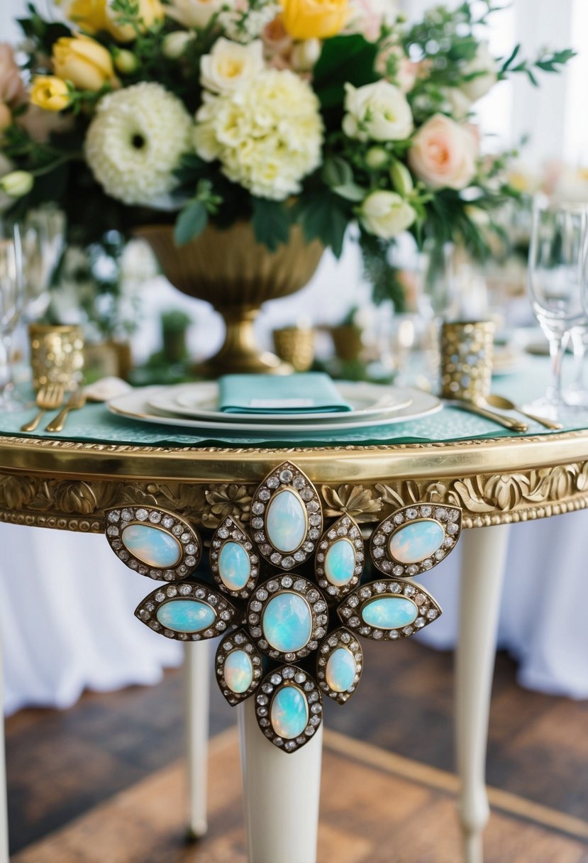 A vintage table adorned with opal cluster studs, surrounded by 60s wedding decor and floral arrangements