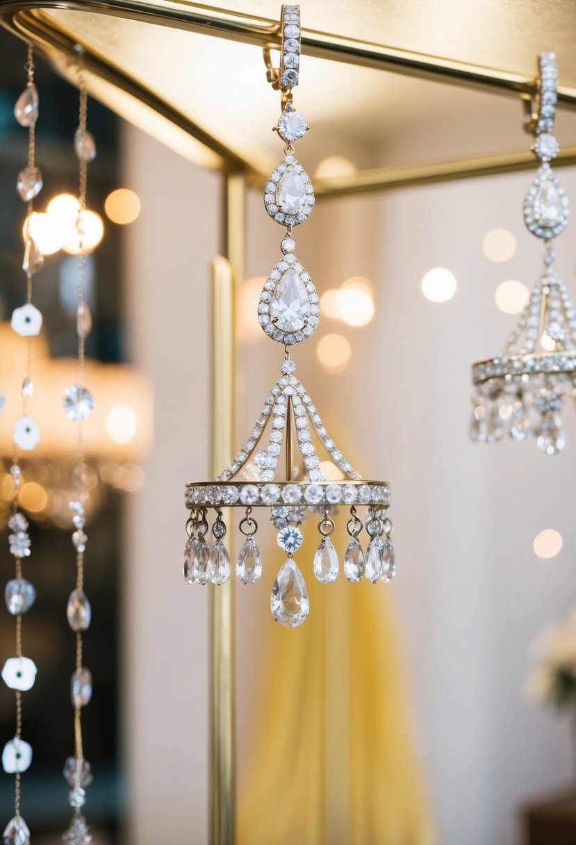 A sparkling diamond chandelier earring hangs from a retro 60s-inspired wedding display