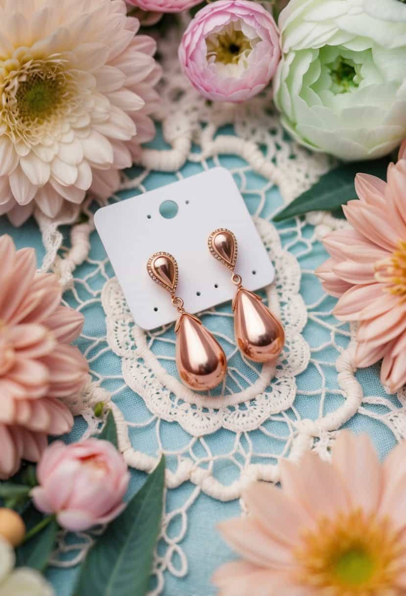 A vintage-inspired earring display with rose gold teardrop earrings on a delicate lace background, surrounded by soft pastel flowers and retro 60s elements