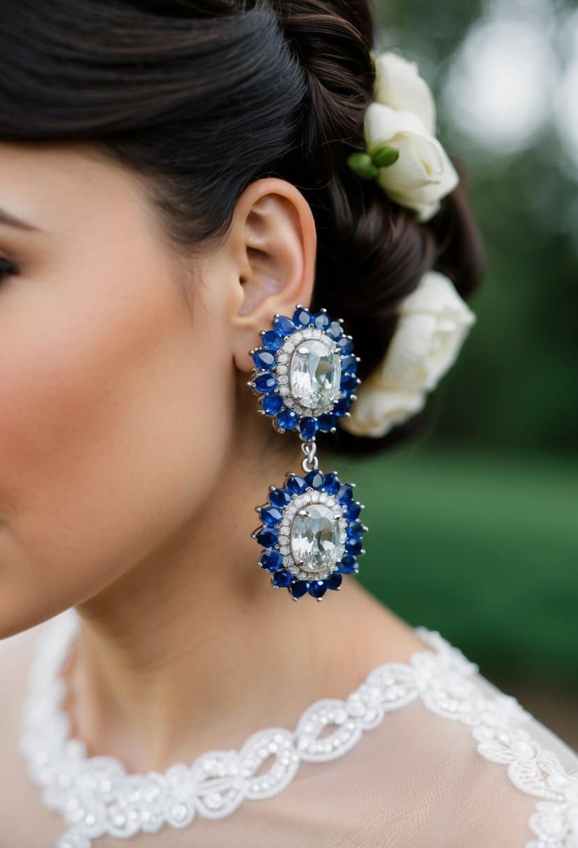 A vintage-inspired earring design with sapphire halo clips set in a 1960s wedding scene