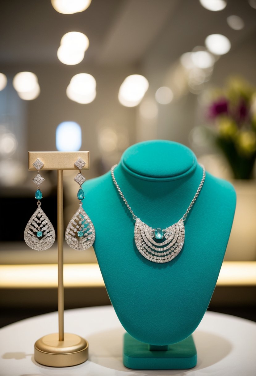 A sparkling pair of Tiffany Soleste Drop Earrings and matching necklace displayed on a luxurious velvet jewelry stand