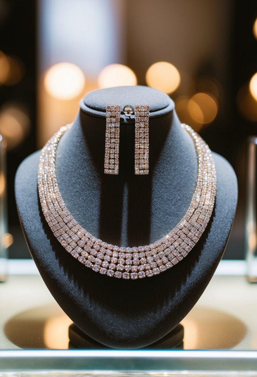 A sparkling necklace and matching earrings sit on a velvet display, catching the light