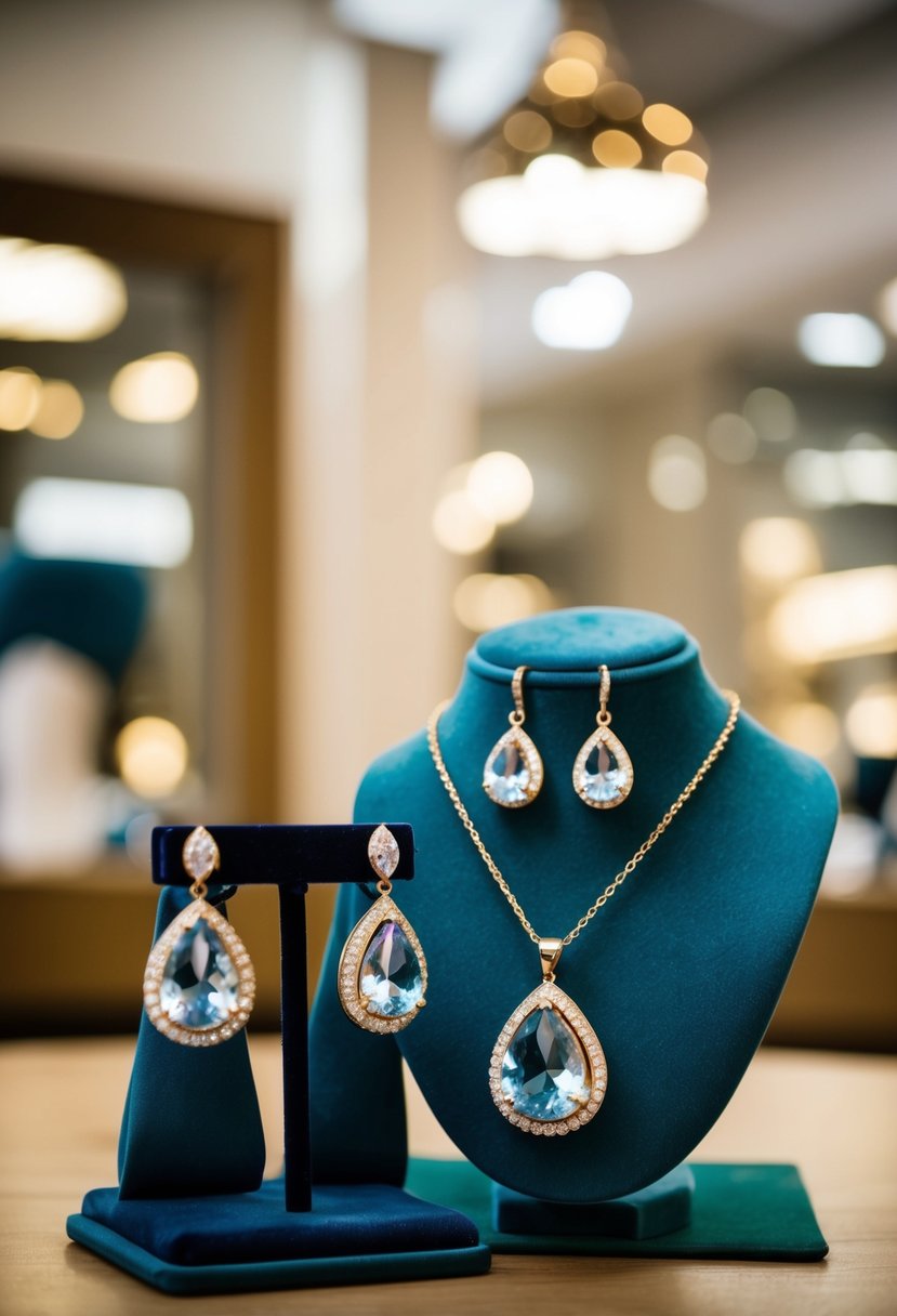 Two Swarovski Attract Pear Earrings and a matching necklace displayed on a velvet jewelry stand