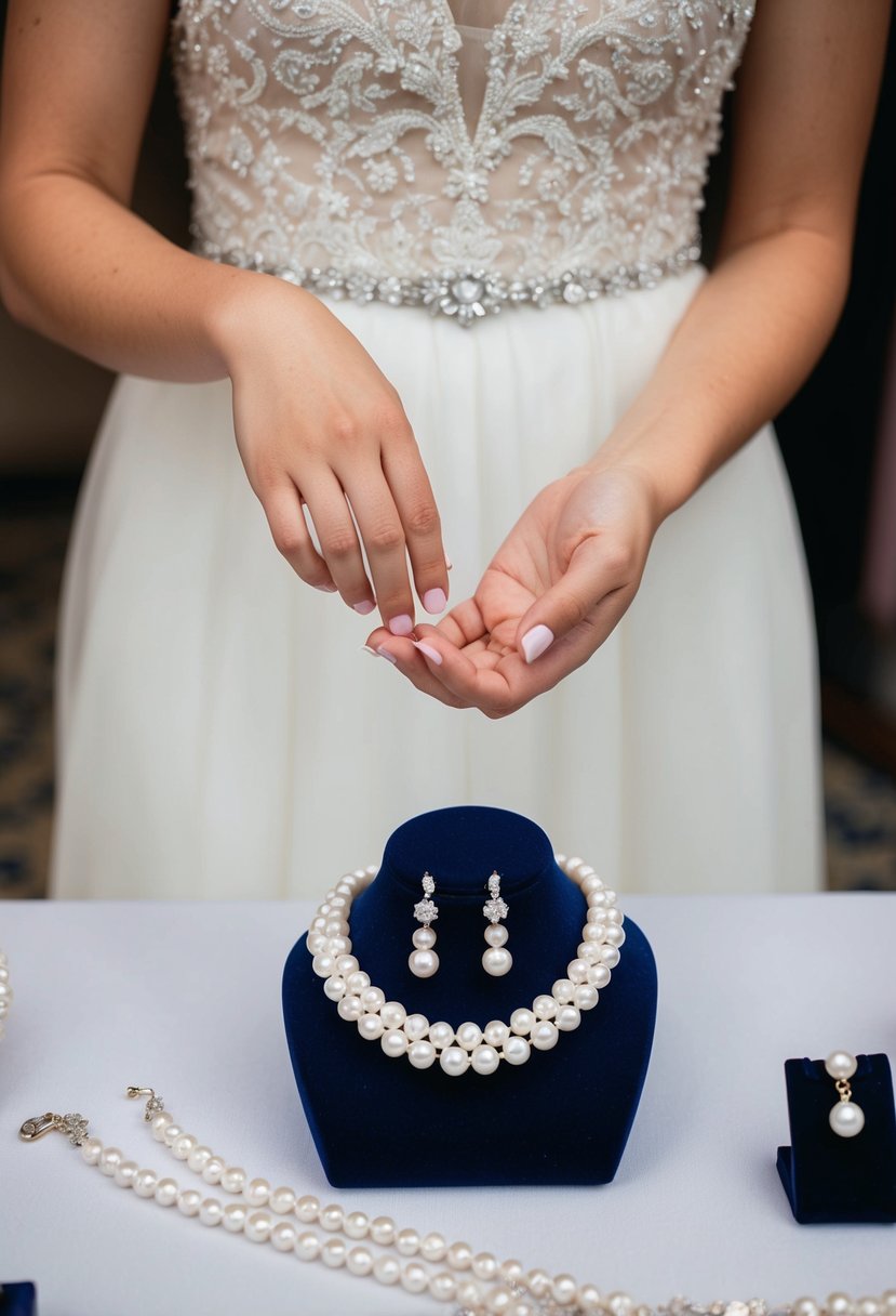 A bride's delicate hand reaches for a shimmering Akoya pearl necklace, with matching earrings displayed on a velvet jewelry stand