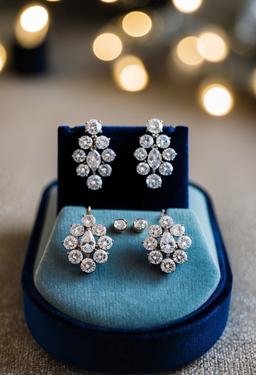 A sparkling pair of Harry Winston Cluster Earrings and matching necklace displayed on a velvet cushion with soft lighting highlighting their brilliance