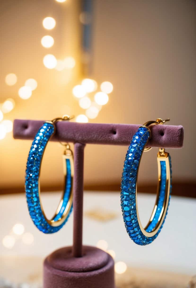 A sparkling pair of Blue Nile Glimmering Hoop Earrings and matching necklace displayed on a velvet jewelry stand under soft, warm lighting