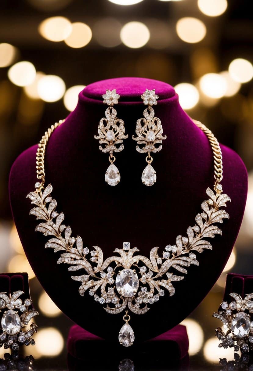 A luxurious baroque-inspired necklace and earrings set displayed on a velvet cushion with ornate details and sparkling crystals