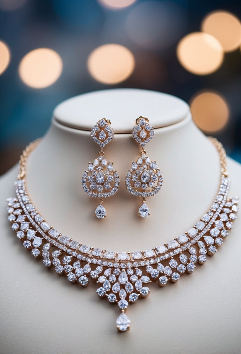 A sparkling wedding necklace and earrings set, inspired by the Sweet Alhambra design, featuring delicate motifs and dazzling gemstones