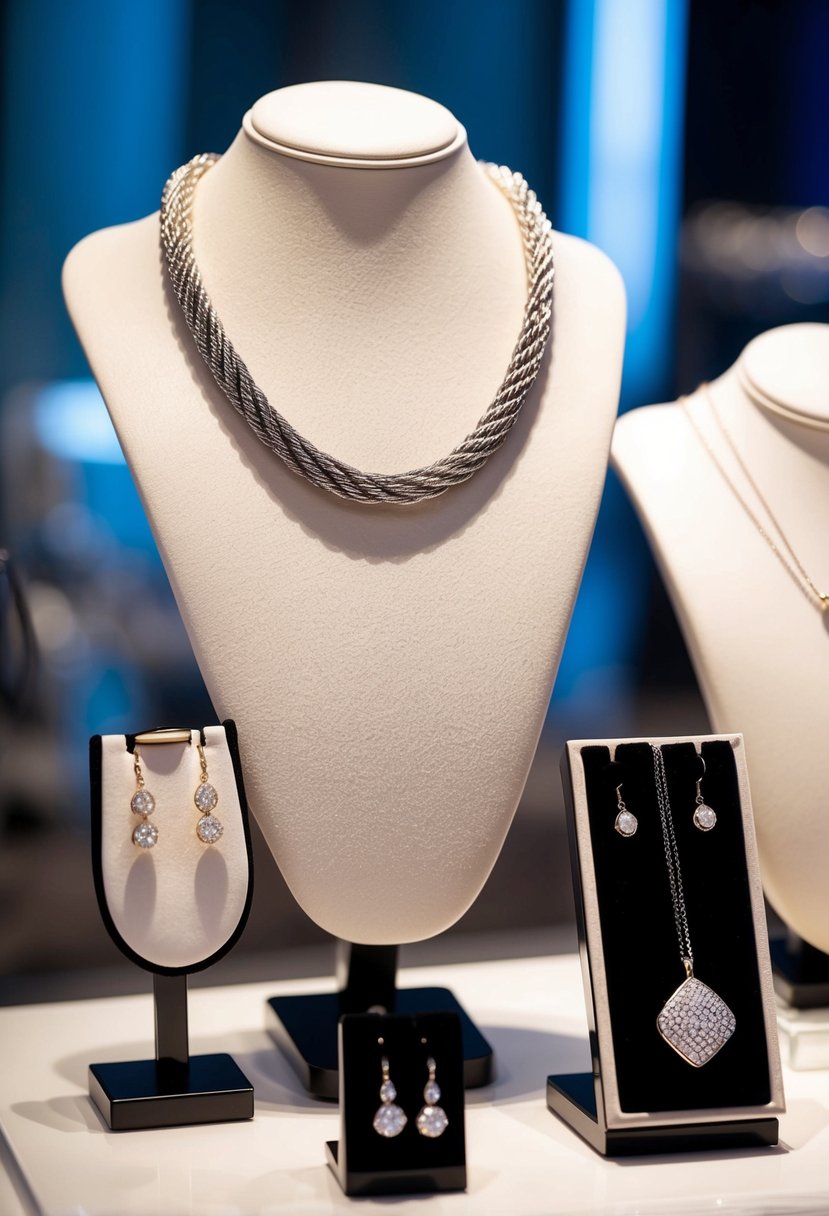 A sparkling display of David Yurman Cable Collectibles necklaces and earrings arranged on a sleek, modern jewelry display stand