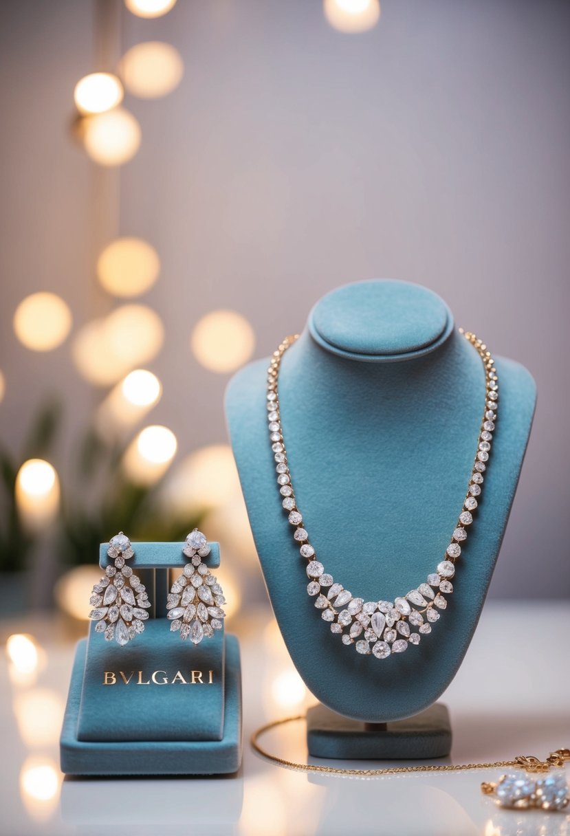 A sparkling pair of Bvlgari Diva's Dream Earrings and matching necklace displayed on a velvet jewelry stand, surrounded by soft, romantic lighting