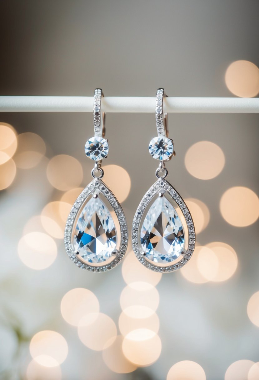 A pair of elegant drop earrings with sparkling crystals and delicate silver details, perfect for a bride's wedding day