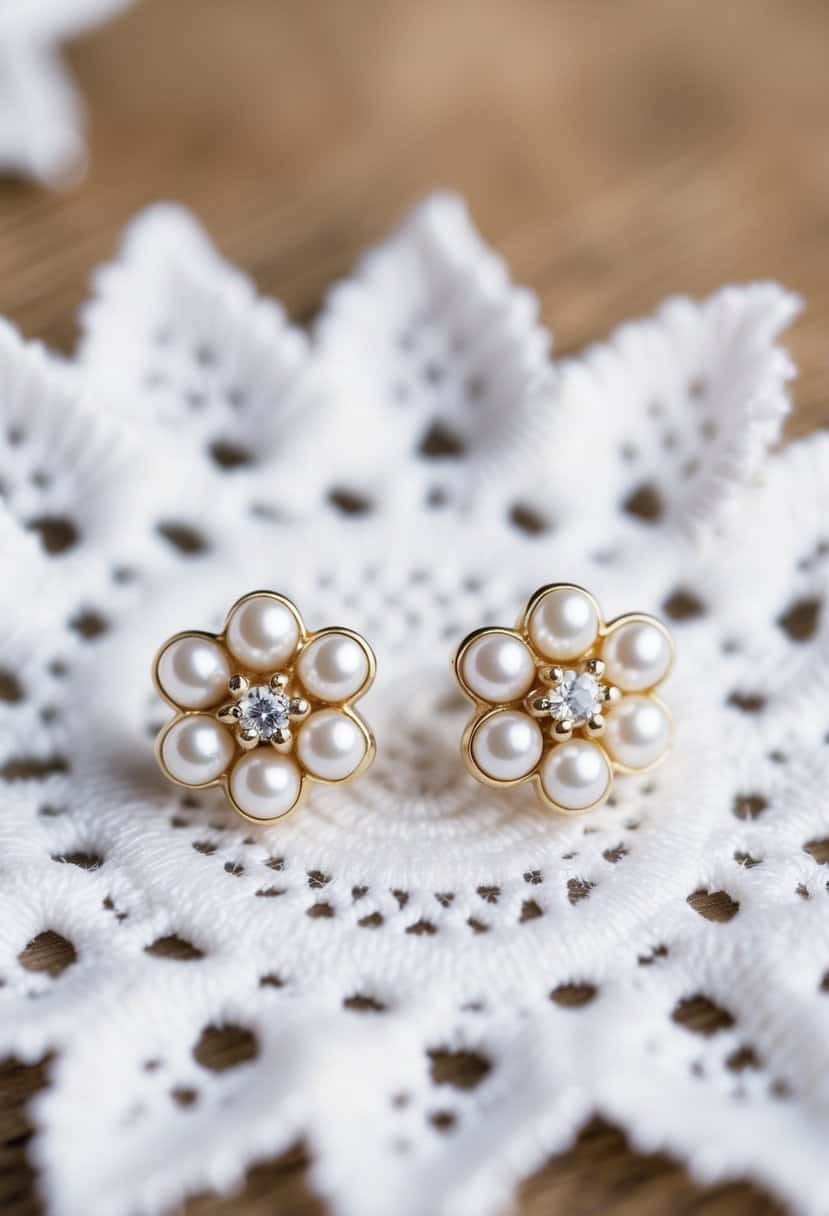 A close-up of delicate pearl cluster studs on a white lace background