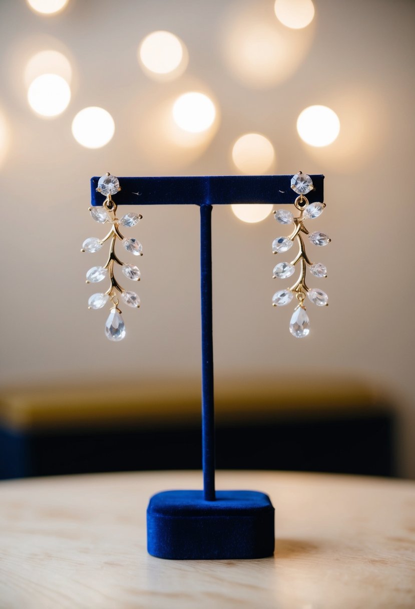 A pair of crystal vine earrings displayed on a velvet jewelry stand with soft lighting