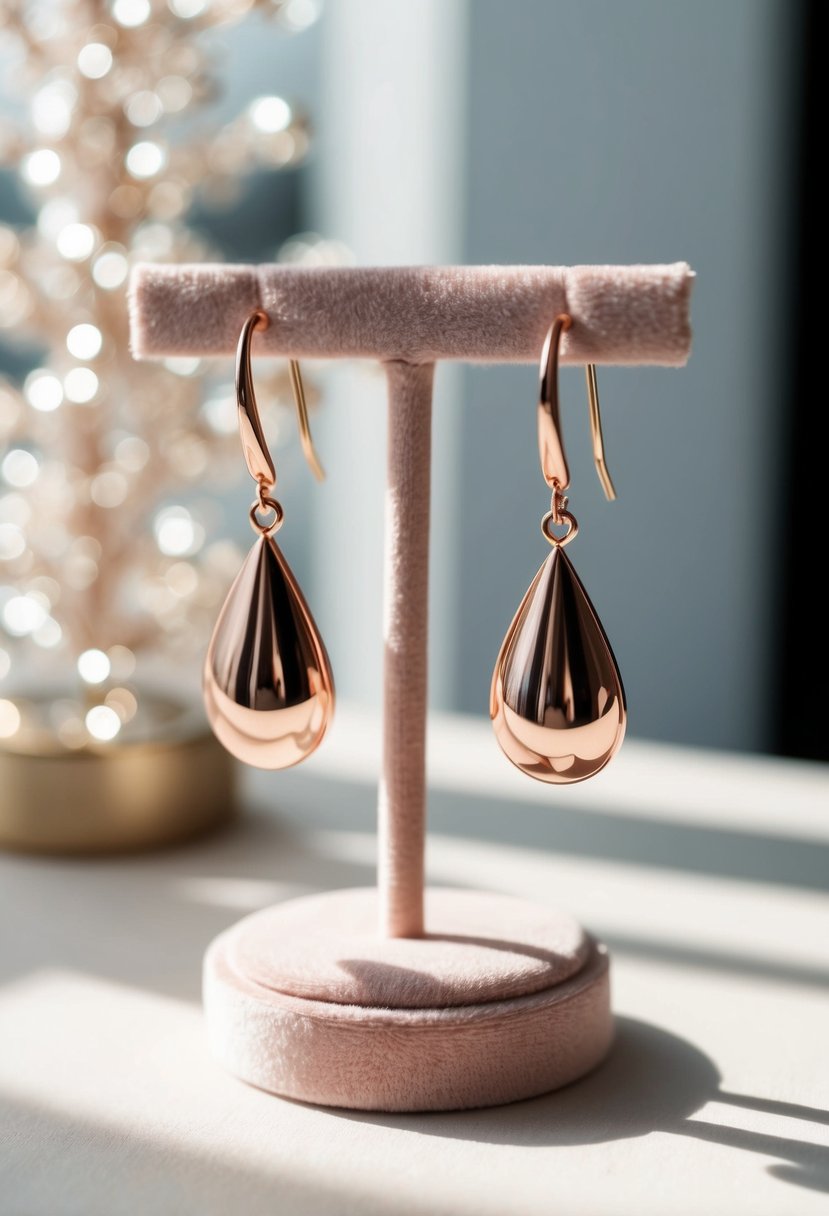 A delicate pair of rose gold teardrop earrings displayed on a velvet jewelry stand, catching the light with their shimmering beauty