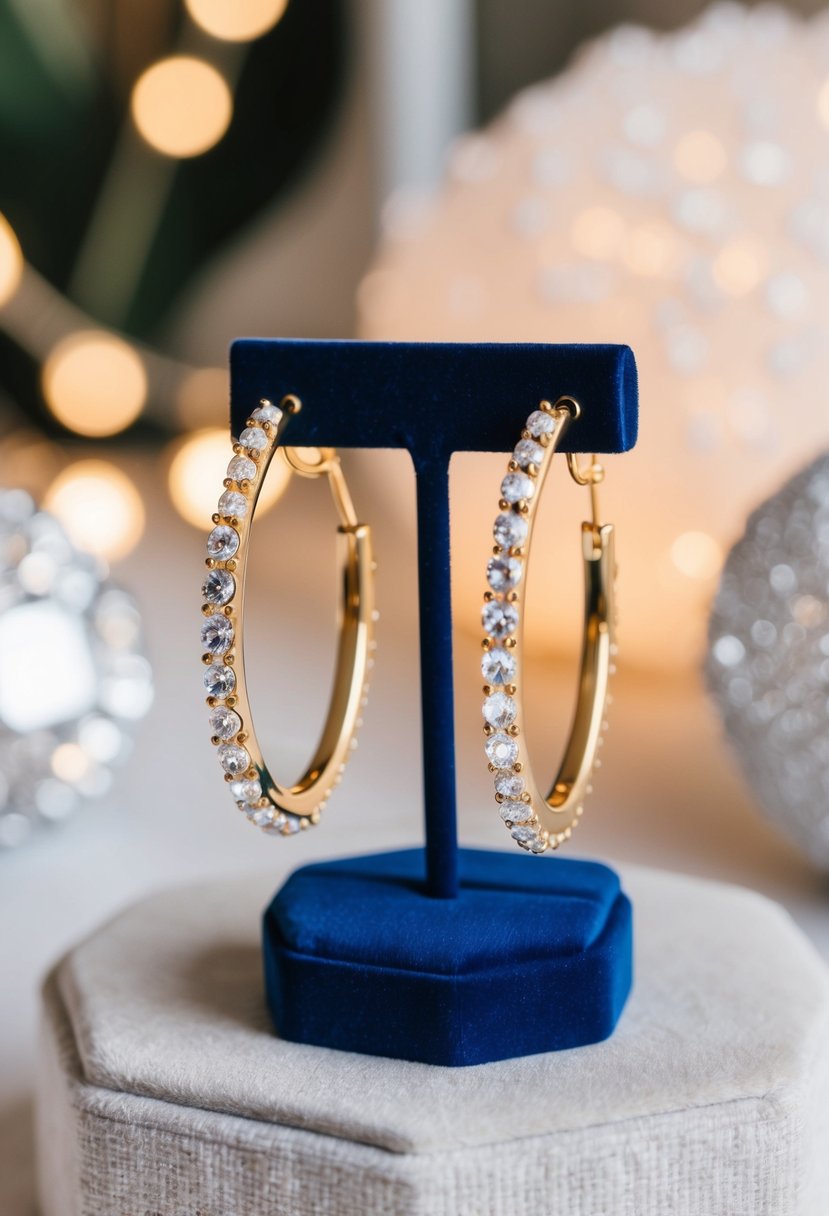 A pair of Swarovski crystal hoop earrings by Kendra Scott, elegantly displayed on a velvet jewelry stand, surrounded by soft lighting