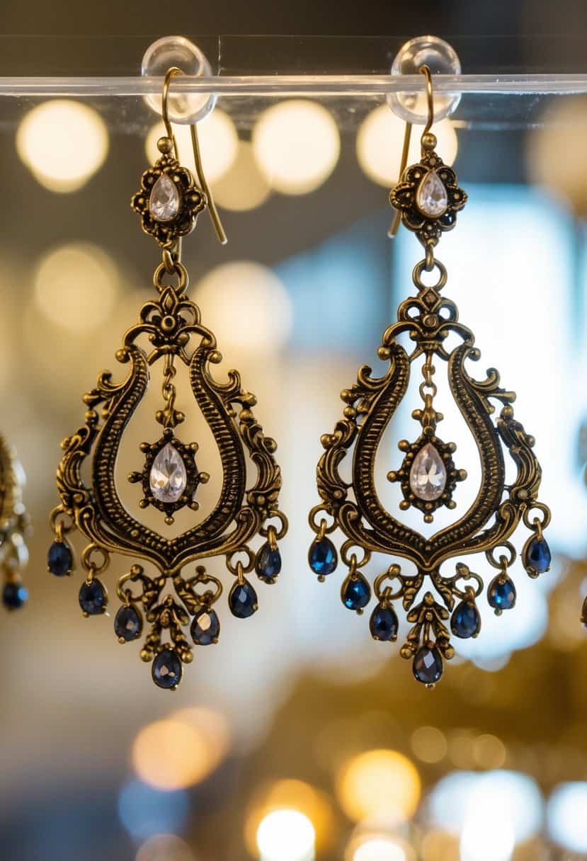 A pair of ornate chandelier earrings dangle from a display, catching the light with their intricate vintage-inspired design