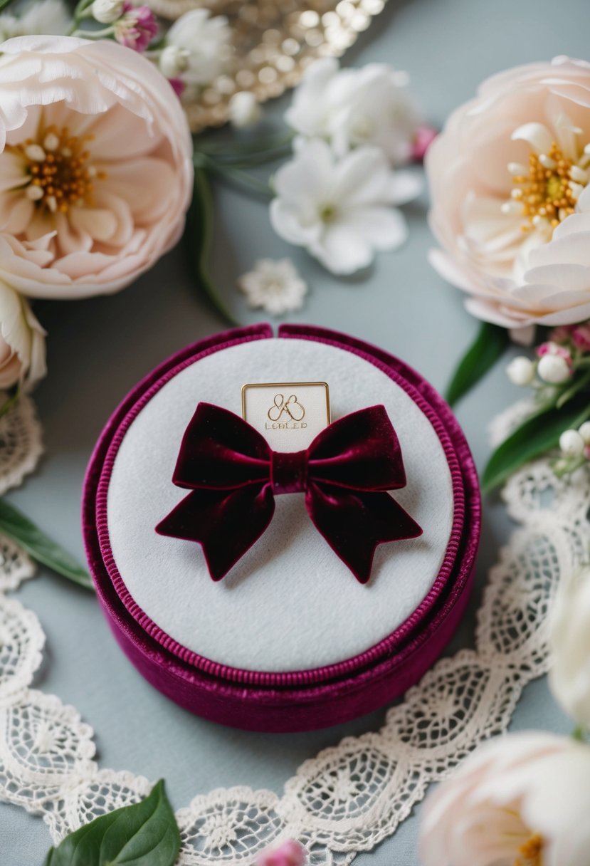 A pair of elegant velvet bow earrings displayed on a luxurious velvet cushion, surrounded by delicate lace and floral accents