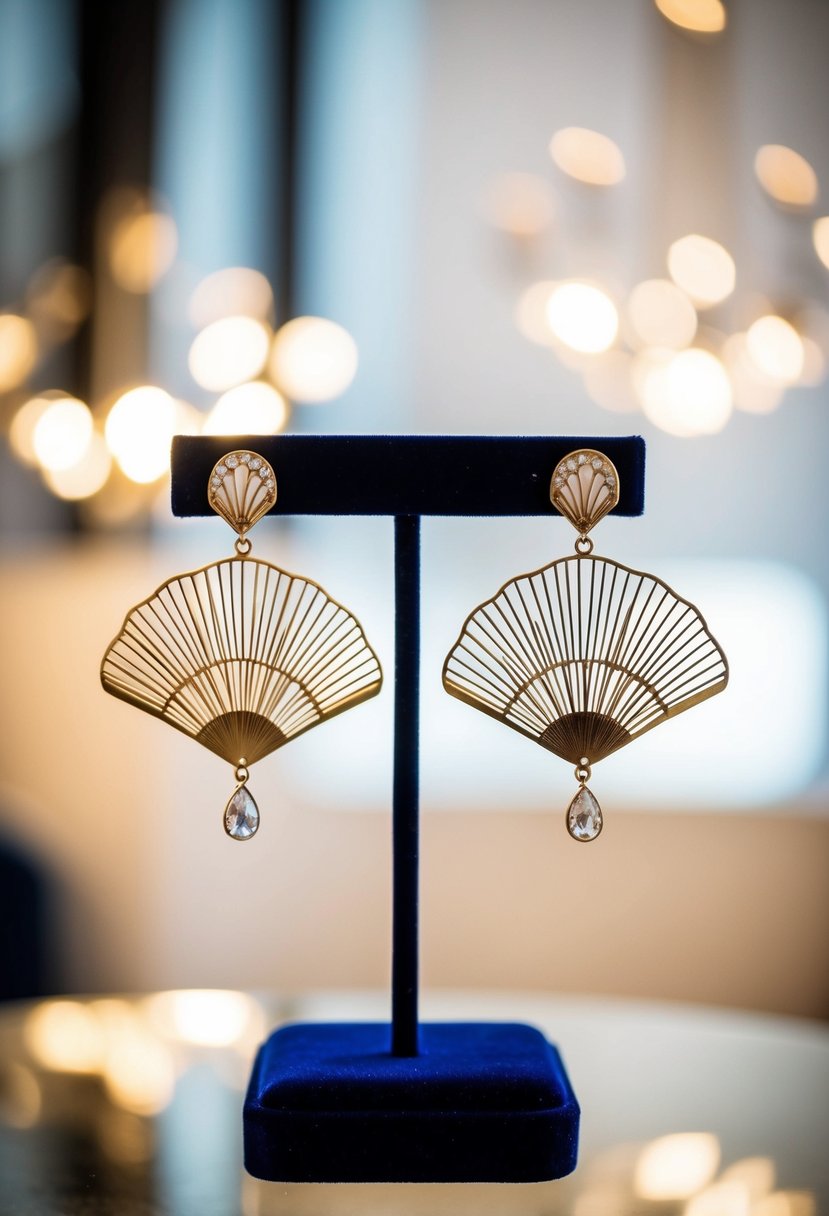 A pair of elegant Art Deco fan earrings displayed on a velvet jewelry stand with soft lighting