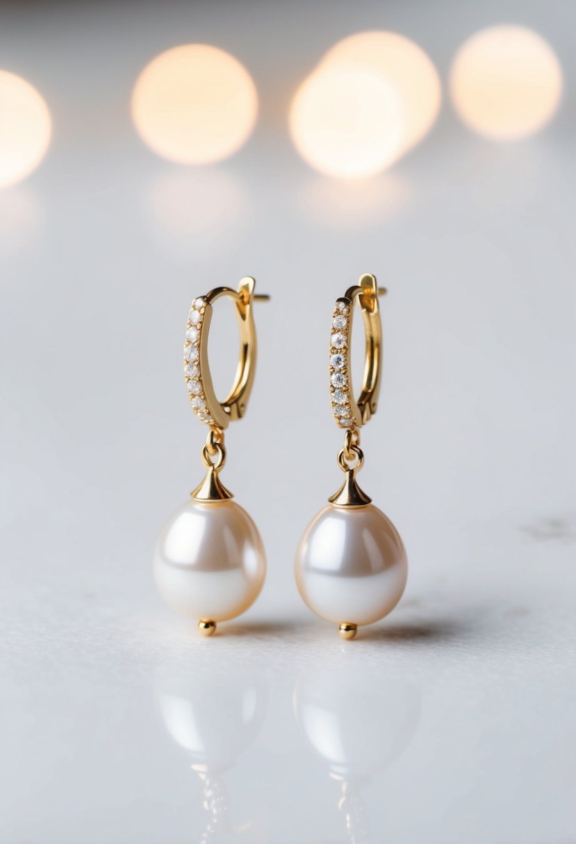 A pair of elegant pearl drop earrings on a clean, white background