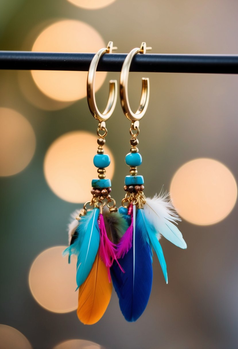 Colorful feathers and beads dangle from gold hoops, creating a whimsical and free-spirited 60s-inspired wedding earring design