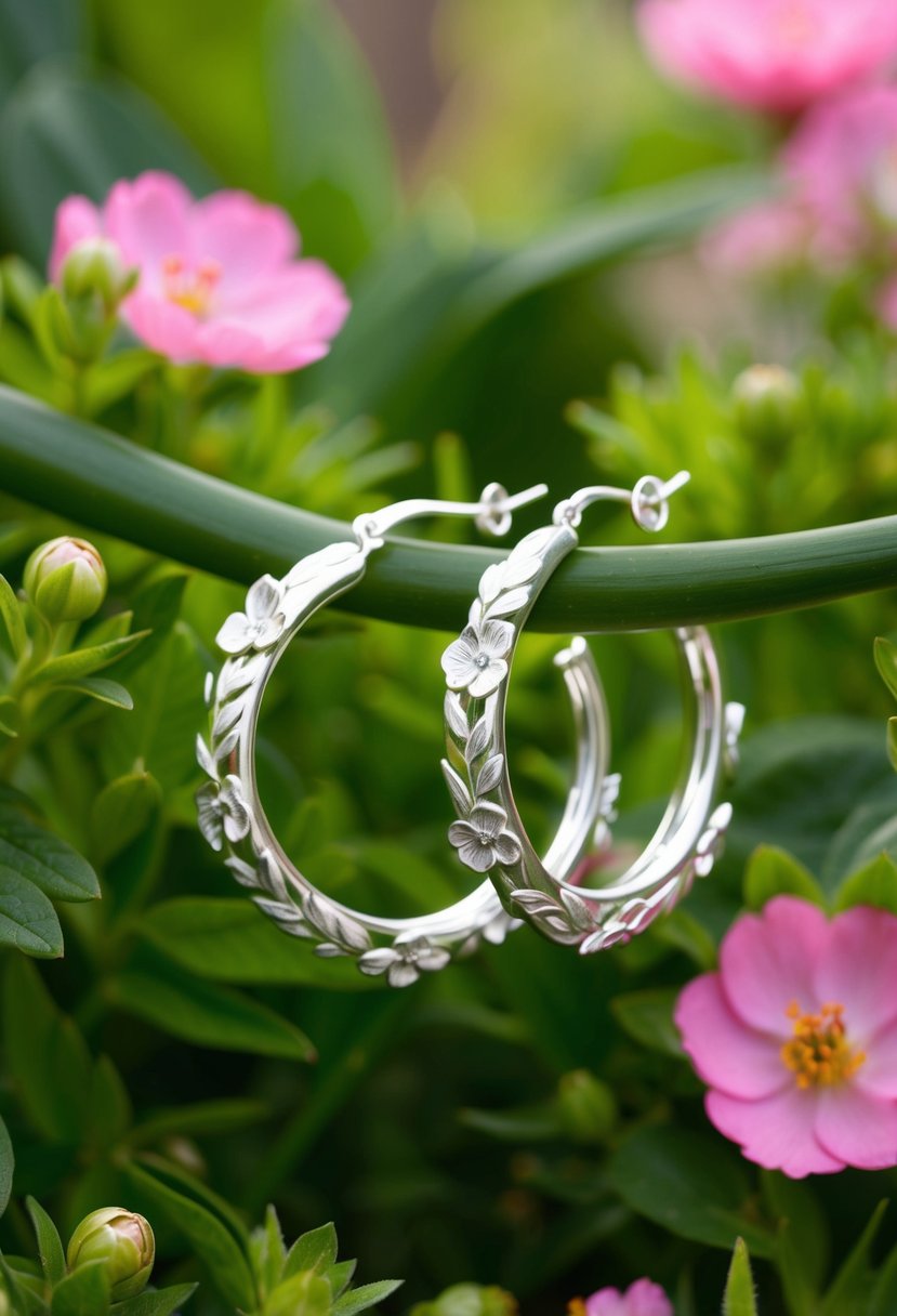 A pair of silver hoop earrings with delicate floral designs, surrounded by lush greenery and blooming flowers in a garden setting