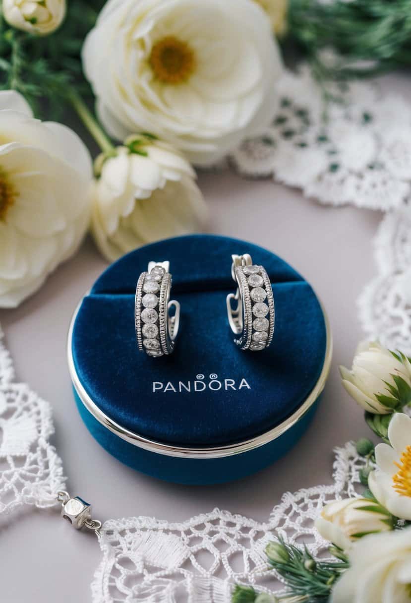 A pair of silver Pandora Timeless Elegance Earrings displayed on a velvet cushion, surrounded by delicate lace and floral accents