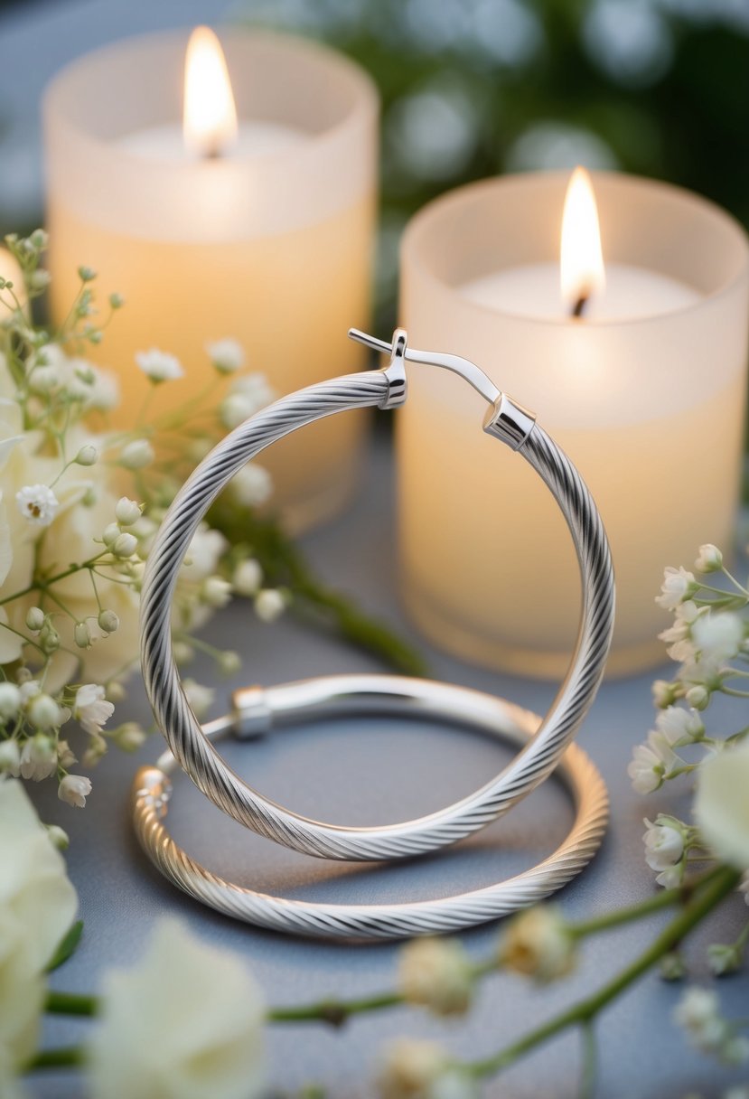 A close-up of elegant silver hoop earrings with intricate cable designs, surrounded by delicate wedding flowers and soft candlelight