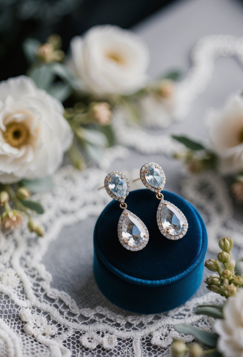 Sparkling teardrop earrings on a velvet display, surrounded by delicate lace and floral accents