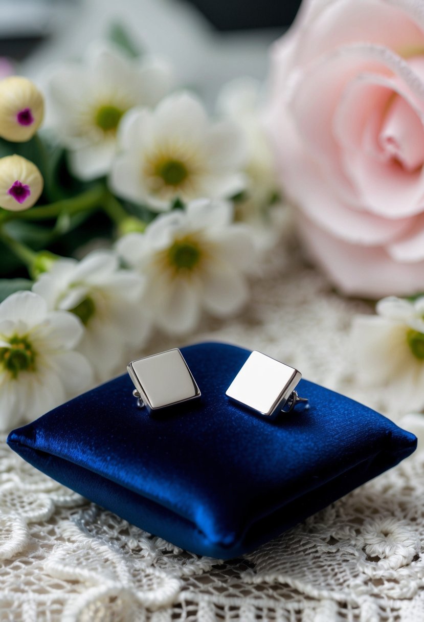 A pair of silver Kate Spade New York Small Square Studs displayed on a velvet cushion, surrounded by delicate lace and floral accents