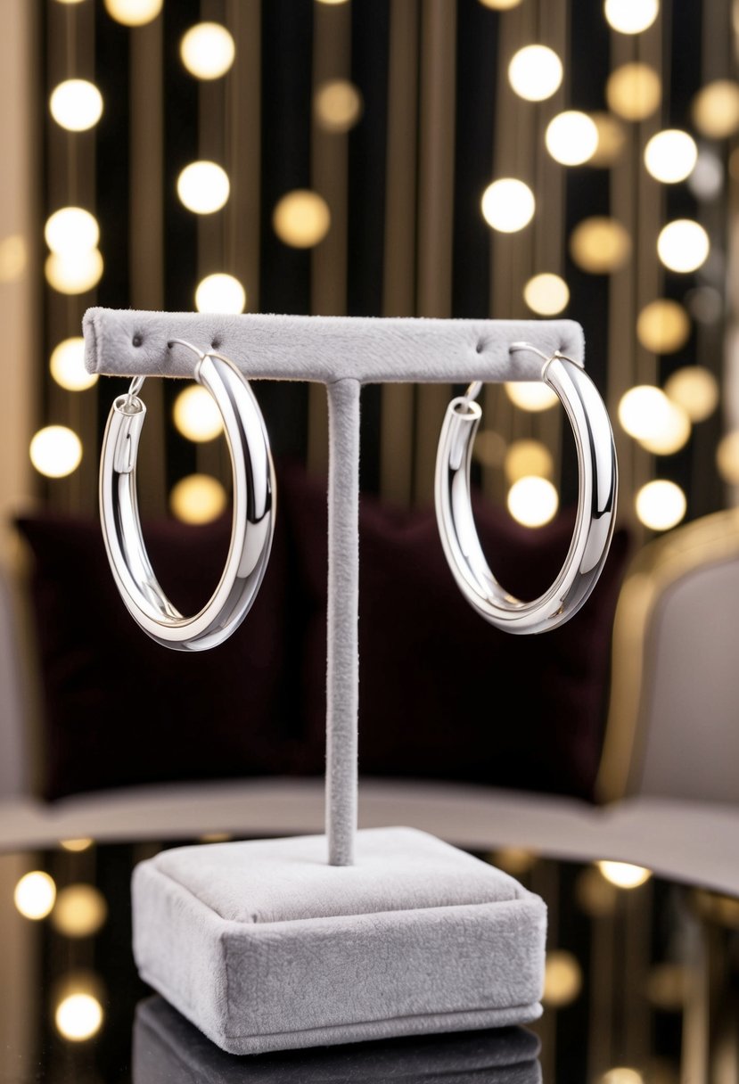 A pair of silver hoop earrings displayed on a velvet cushion with a luxurious and elegant backdrop