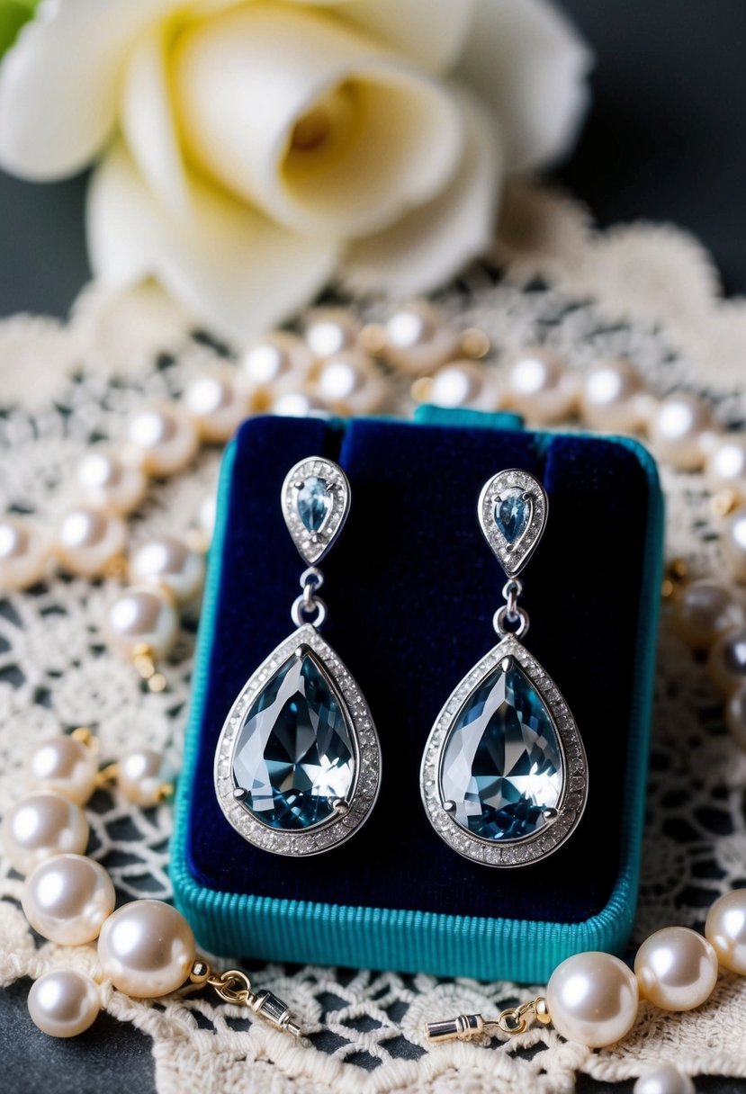 Two elegant silver drop earrings displayed on a velvet cushion, surrounded by delicate lace and shimmering pearls