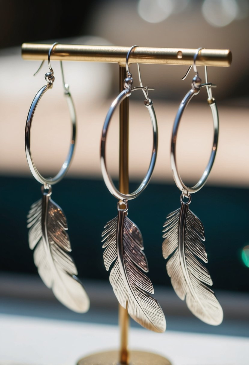 A pair of silver feather hoops dangle from a jewelry stand, catching the light and casting delicate shadows