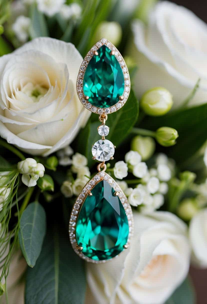 A sparkling emerald teardrop chandelier earring hanging from a delicate wedding bouquet