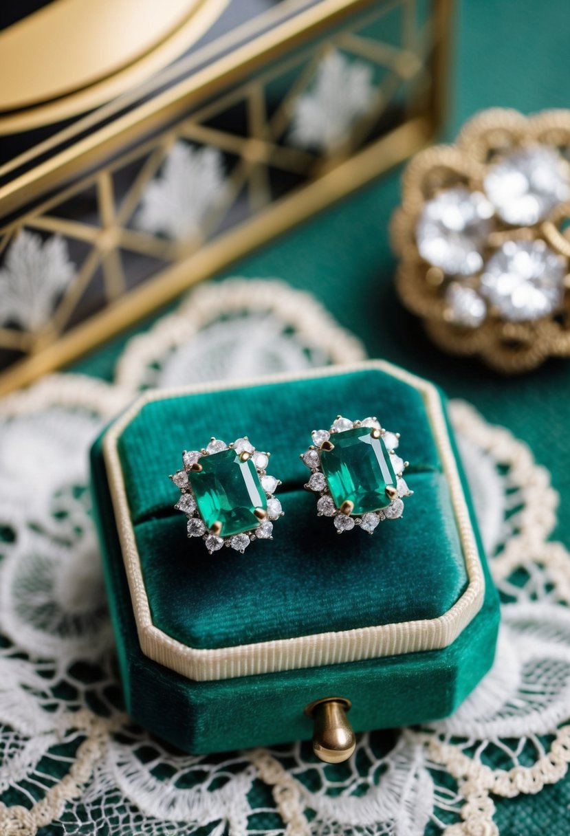 Two elegant emerald studs on a velvet jewelry box, surrounded by delicate lace and vintage Art Deco elements