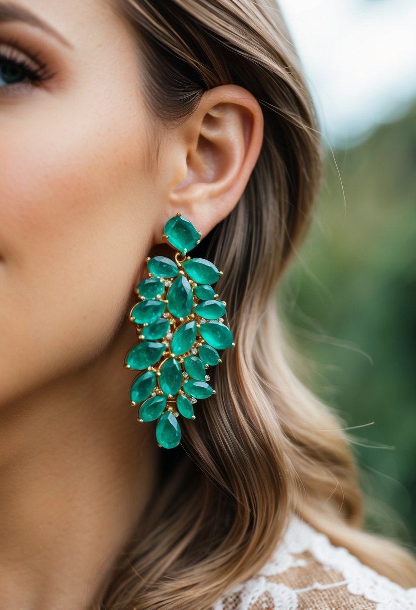 A close-up of emerald clusters on a bohemian-inspired wedding earring design