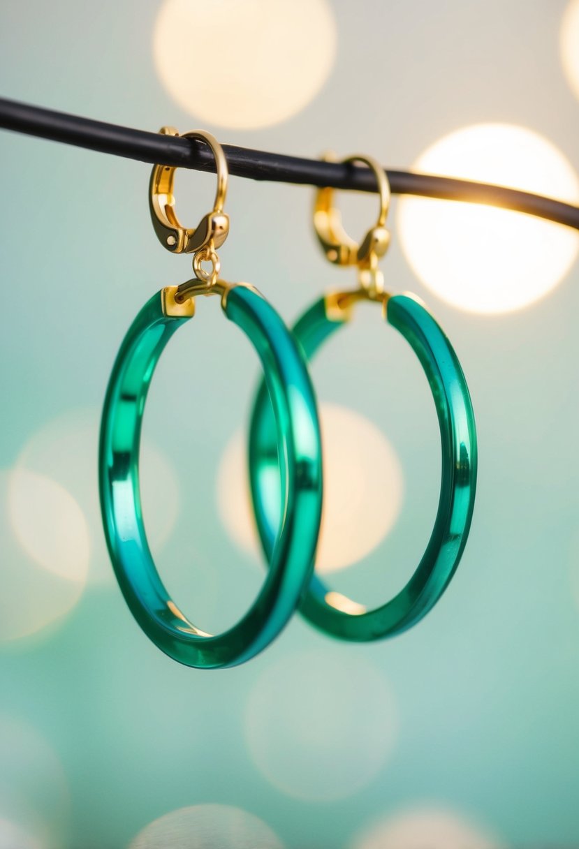 A beautiful pair of emerald halo hoops suspended in a soft, ethereal light, casting a radiant glow