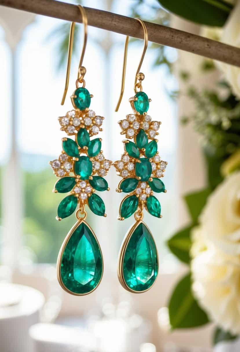 A pair of emerald dangle earrings adorned with intricate floral designs, catching the light in a luxurious wedding setting