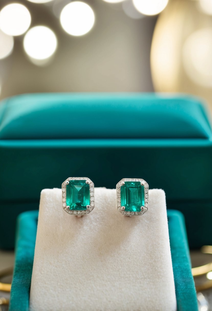 A pair of emerald solitaire earrings showcased on a velvet jewelry display, catching the light and exuding elegance