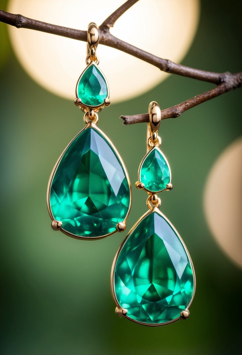 Two pear-shaped emerald drops dangle from delicate gold settings, catching the light and casting a rich green glow