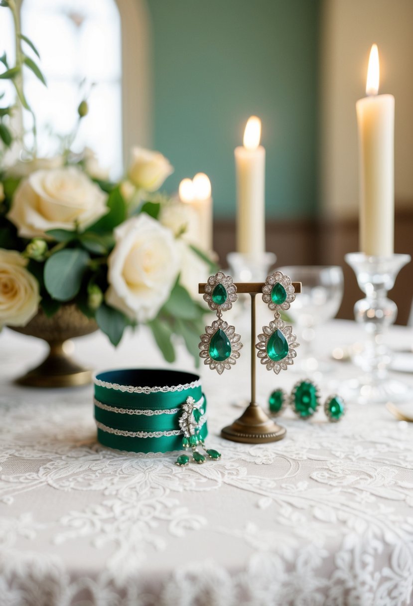 A Victorian-style table adorned with emerald wedding earrings and lace