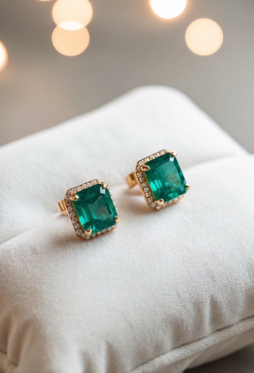 Two emerald studs on a white velvet cushion, with soft lighting