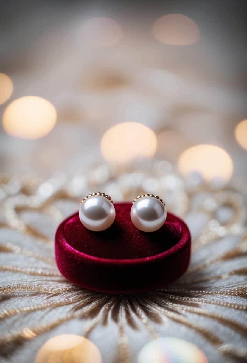 Two elegant pearl stud earrings displayed on a velvet cushion