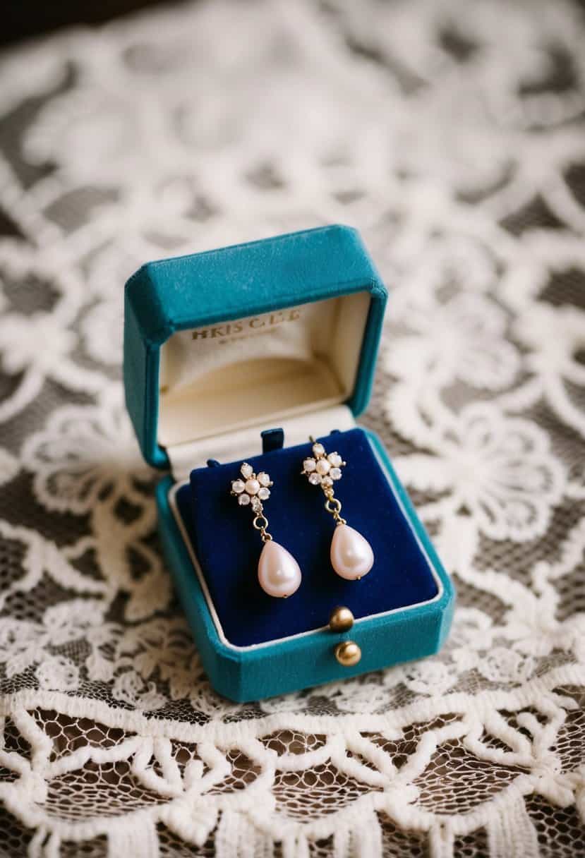 A vintage-inspired jewelry box with pearl drop earrings on a lace fabric background