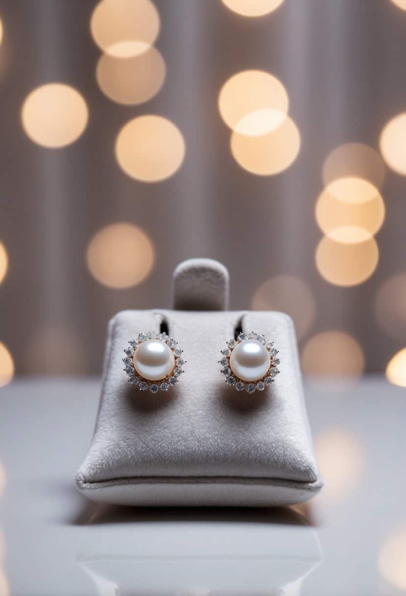 A pair of pearl and diamond halo earrings displayed on a velvet cushion with soft, romantic lighting